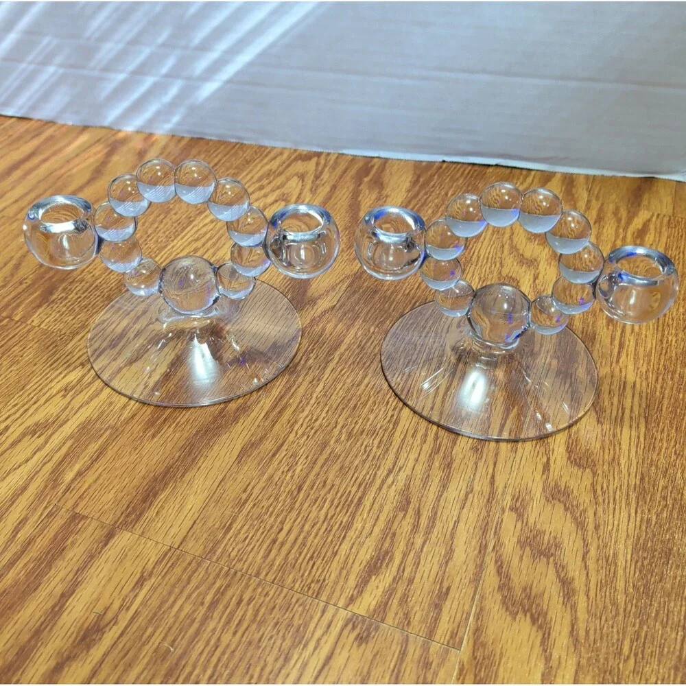 (2) Vintage Clear Glass Bubble Hoop Candlestick Holder/ Pipe Stand Pair